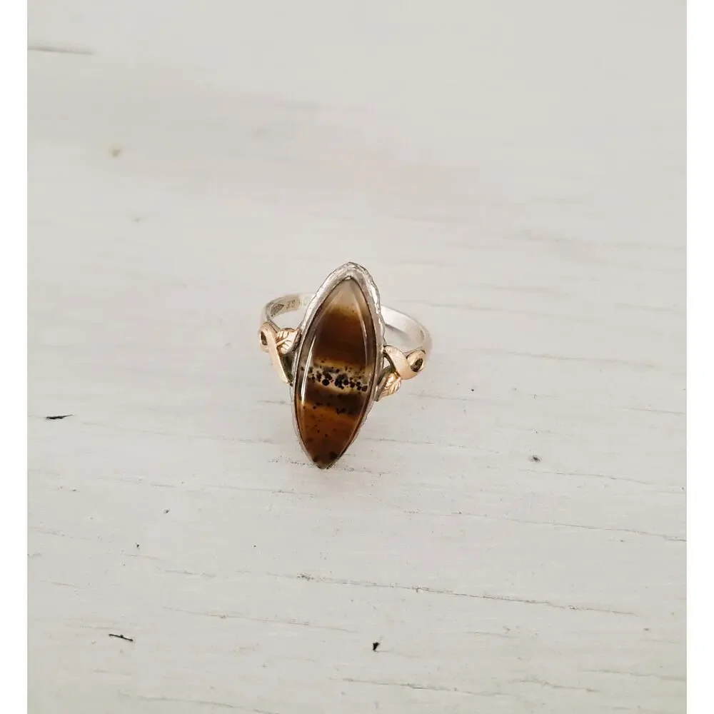Vintage Clark & Coombs Sterling Silver and 10K Gold Filled Agate Ring - Picture 3 of 6